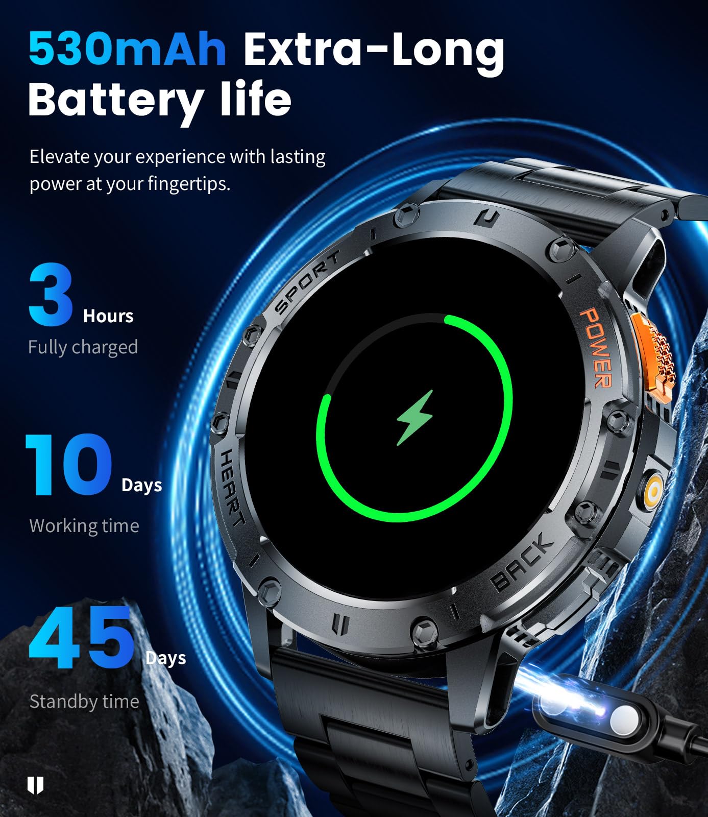 Smart Watch for Men for Android/iOS(3 Bands),1.43’’ AMOLED Display Sport Watch with 123 Sport Modes/FlashLight,5ATM Waterproof Fitness Tracker with Blood Pressure/Heart Rate/Sleep Monitor,Metal