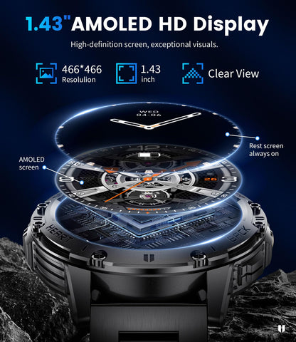 Smart Watch for Men for Android/iOS(3 Bands),1.43’’ AMOLED Display Sport Watch with 123 Sport Modes/FlashLight,5ATM Waterproof Fitness Tracker with Blood Pressure/Heart Rate/Sleep Monitor,Metal