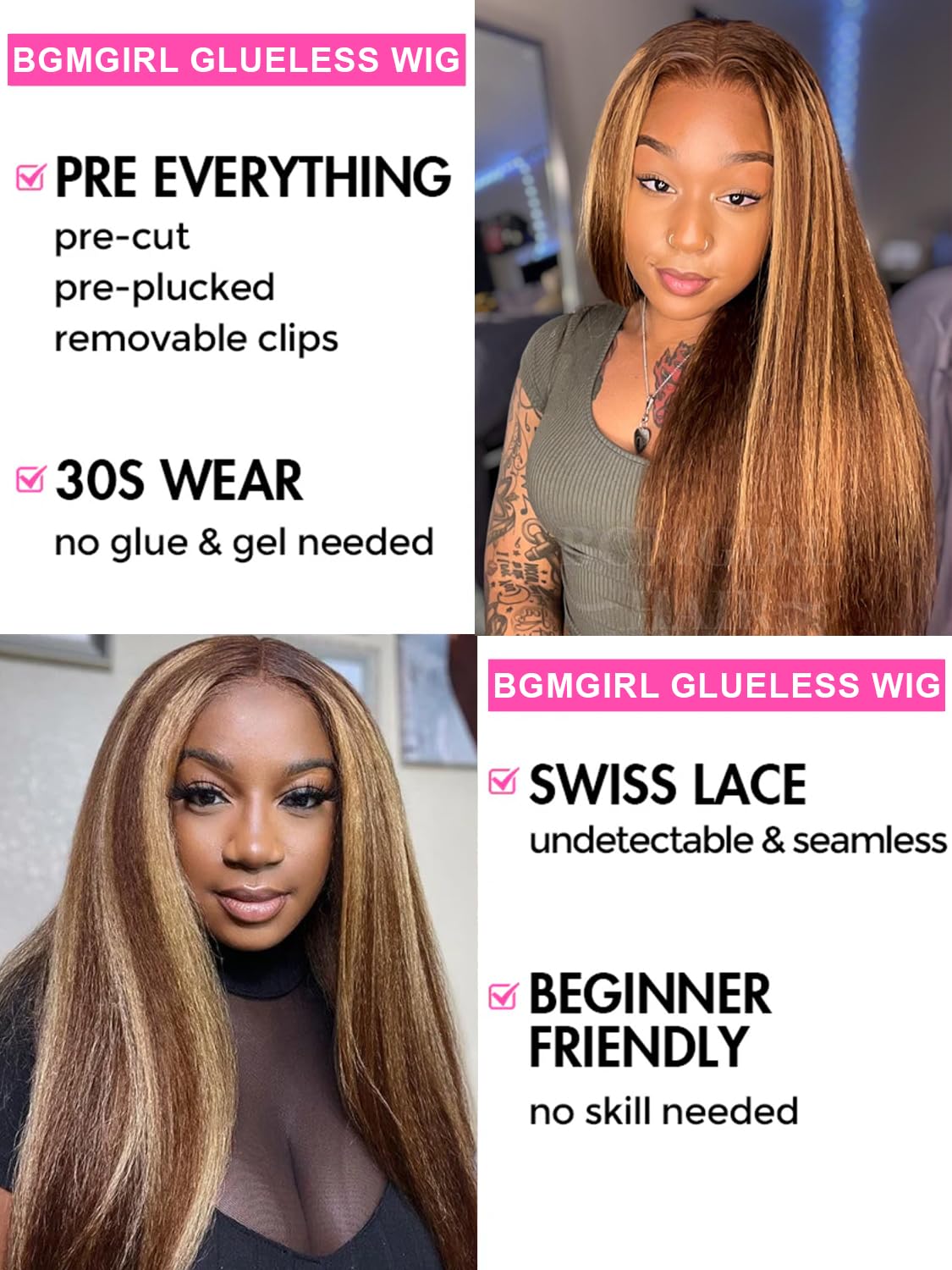 BGM GIRL 9x6 M Cap Glueless Kinky Straight Wig Human Hair Pre Bleached Knots Pre Cut HD Lace 180% Density Natural Black Wear Go Wig for Women Pre Plucked Invisible Lace 18 Inch