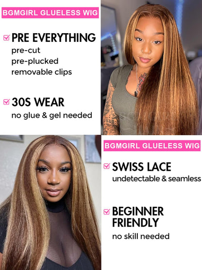 BGM GIRL 9x6 M Cap Glueless Kinky Straight Wig Human Hair Pre Bleached Knots Pre Cut HD Lace 180% Density Natural Black Wear Go Wig for Women Pre Plucked Invisible Lace 18 Inch
