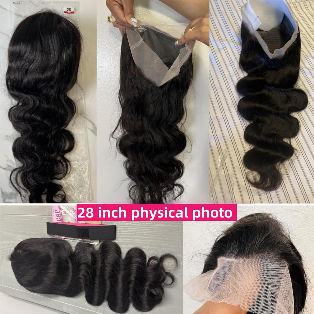 28 Inch 360 Lace Front Wigs Human Hair Drawstring Body Wave Lace Front Wigs Human Hair Pre Plucked 360 HD Full Lace Wig 180 Density Glueless Invisi Strap Frontal Wigs Human Hair for Women
