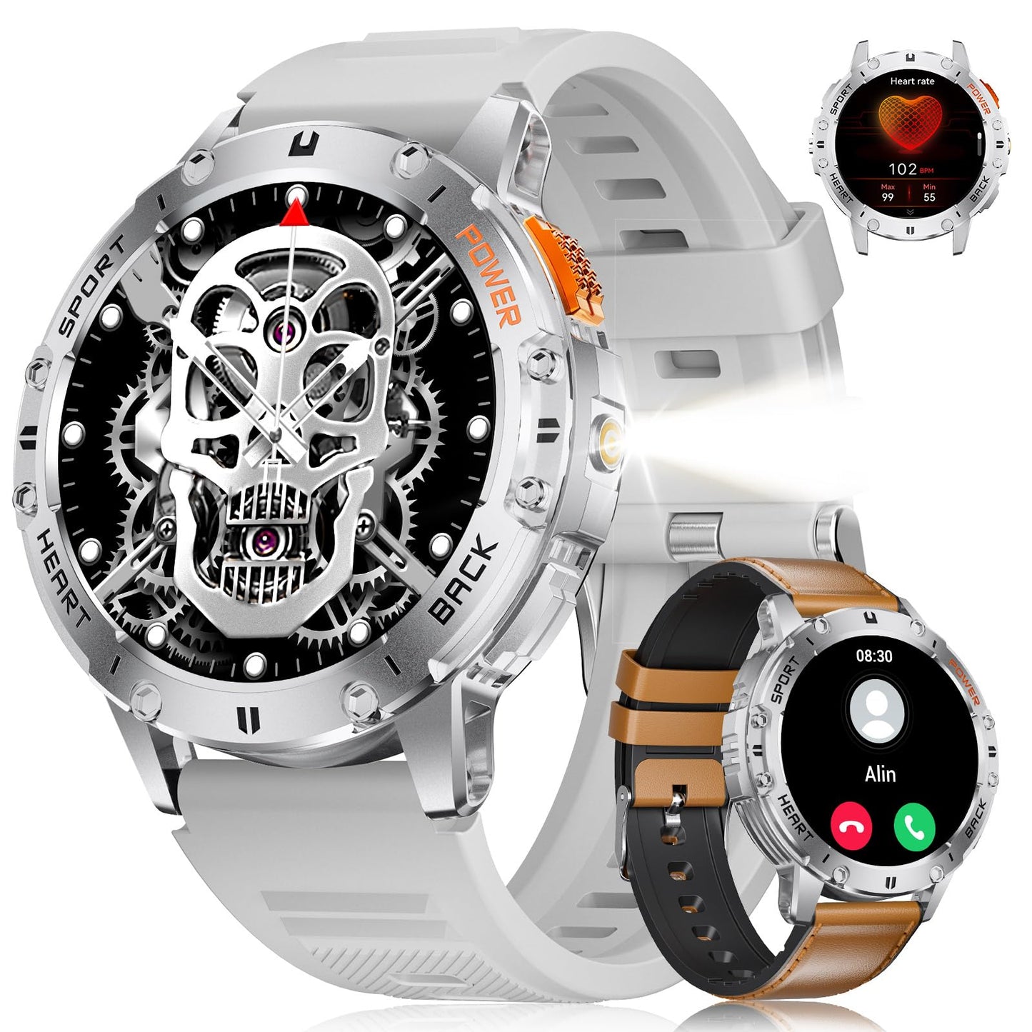 Smart Watch for Men for Android/iOS(3 Bands),1.43’’ AMOLED Display Sport Watch with 123 Sport Modes/FlashLight,5ATM Waterproof Fitness Tracker with Blood Pressure/Heart Rate/Sleep Monitor,Metal