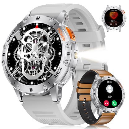 Smart Watch for Men for Android/iOS(3 Bands),1.43’’ AMOLED Display Sport Watch with 123 Sport Modes/FlashLight,5ATM Waterproof Fitness Tracker with Blood Pressure/Heart Rate/Sleep Monitor,Metal