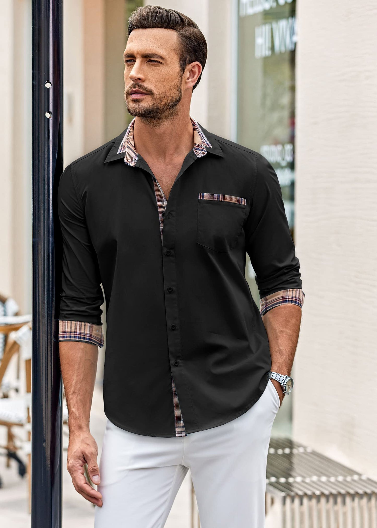 COOFANDY Men's Long Sleeve Dress Shirt Plaid Collar Casual Button Down Shirts
