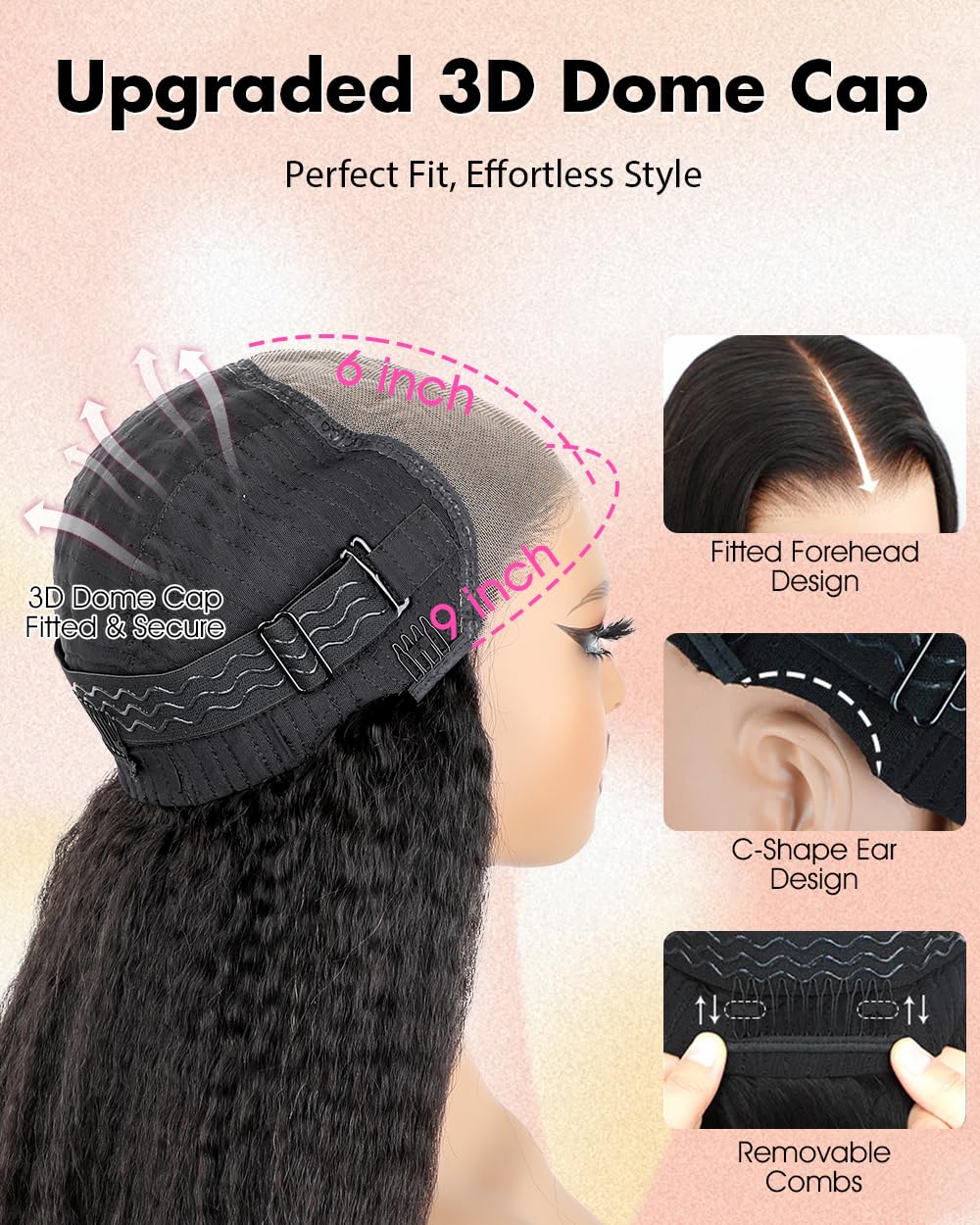 BGM GIRL 9x6 M Cap Glueless Kinky Straight Wig Human Hair Pre Bleached Knots Pre Cut HD Lace 180% Density Natural Black Wear Go Wig for Women Pre Plucked Invisible Lace 18 Inch