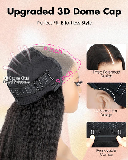 BGM GIRL 9x6 M Cap Glueless Kinky Straight Wig Human Hair Pre Bleached Knots Pre Cut HD Lace 180% Density Natural Black Wear Go Wig for Women Pre Plucked Invisible Lace 18 Inch