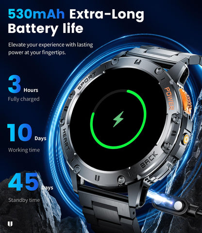 Smart Watch for Men for Android/iOS(3 Bands),1.43’’ AMOLED Display Sport Watch with 123 Sport Modes/FlashLight,5ATM Waterproof Fitness Tracker with Blood Pressure/Heart Rate/Sleep Monitor,Metal