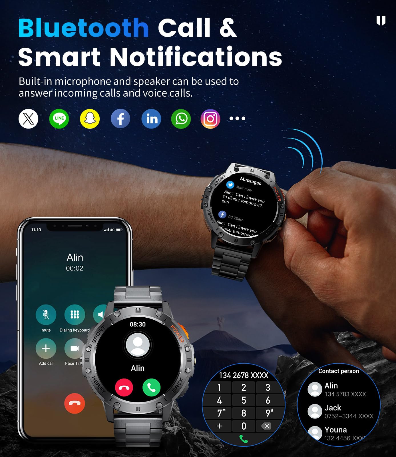 Smart Watch for Men for Android/iOS(3 Bands),1.43’’ AMOLED Display Sport Watch with 123 Sport Modes/FlashLight,5ATM Waterproof Fitness Tracker with Blood Pressure/Heart Rate/Sleep Monitor,Metal