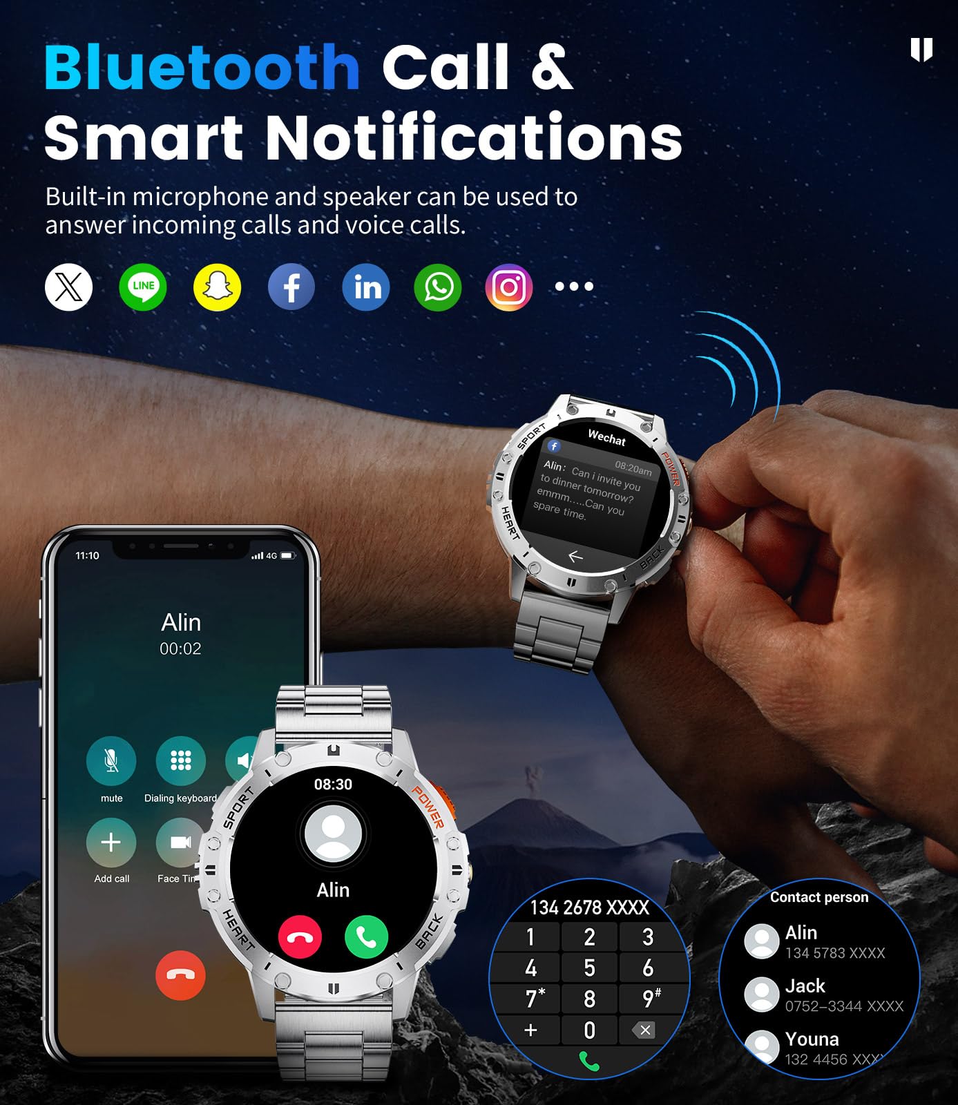 Smart Watch for Men for Android/iOS(3 Bands),1.43’’ AMOLED Display Sport Watch with 123 Sport Modes/FlashLight,5ATM Waterproof Fitness Tracker with Blood Pressure/Heart Rate/Sleep Monitor,Metal