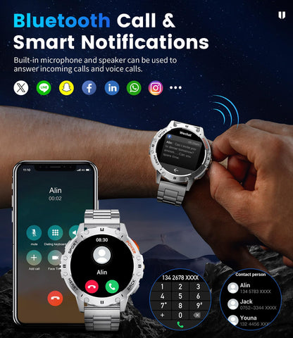 Smart Watch for Men for Android/iOS(3 Bands),1.43’’ AMOLED Display Sport Watch with 123 Sport Modes/FlashLight,5ATM Waterproof Fitness Tracker with Blood Pressure/Heart Rate/Sleep Monitor,Metal