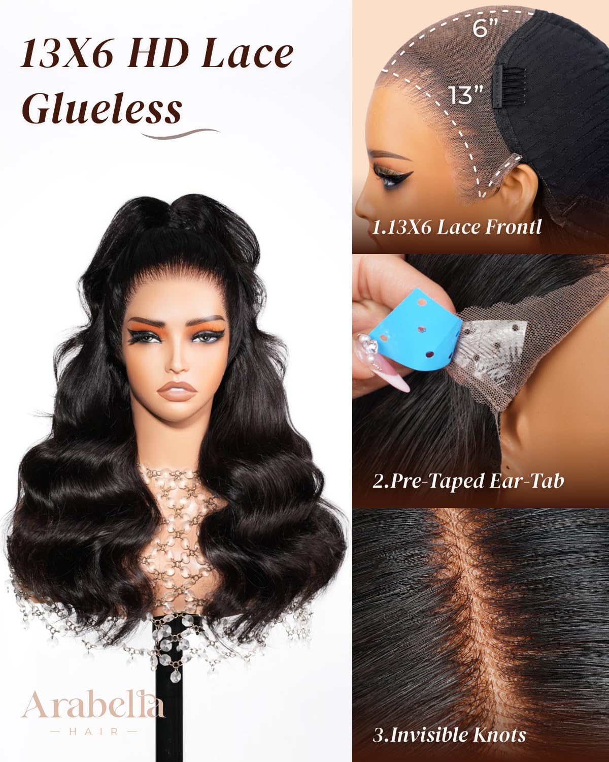Arabella 13x6 HD Lace Body Wave Glueless Wigs Human Hiar Pre Plucked Pre Cut 210% Density Ear to Ear Full Lace Closure Wear and Go Wig Pre Everything Bleached Knots 20 inches