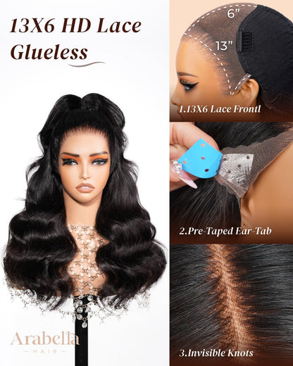 Arabella 13x6 HD Lace Body Wave Glueless Wigs Human Hiar Pre Plucked Pre Cut 210% Density Ear to Ear Full Lace Closure Wear and Go Wig Pre Everything Bleached Knots 20 inches