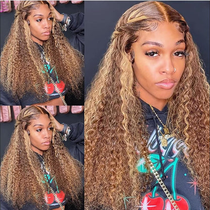 Chesma 28inch Highlight Ombre Lace Front Wig Human Hair 13x4 HD Honey Blonde 4/27 Deep Wave Lace Frontal Wigs Glueless Wigs Human Hair Pre Plucked with Baby Hair 180 Density