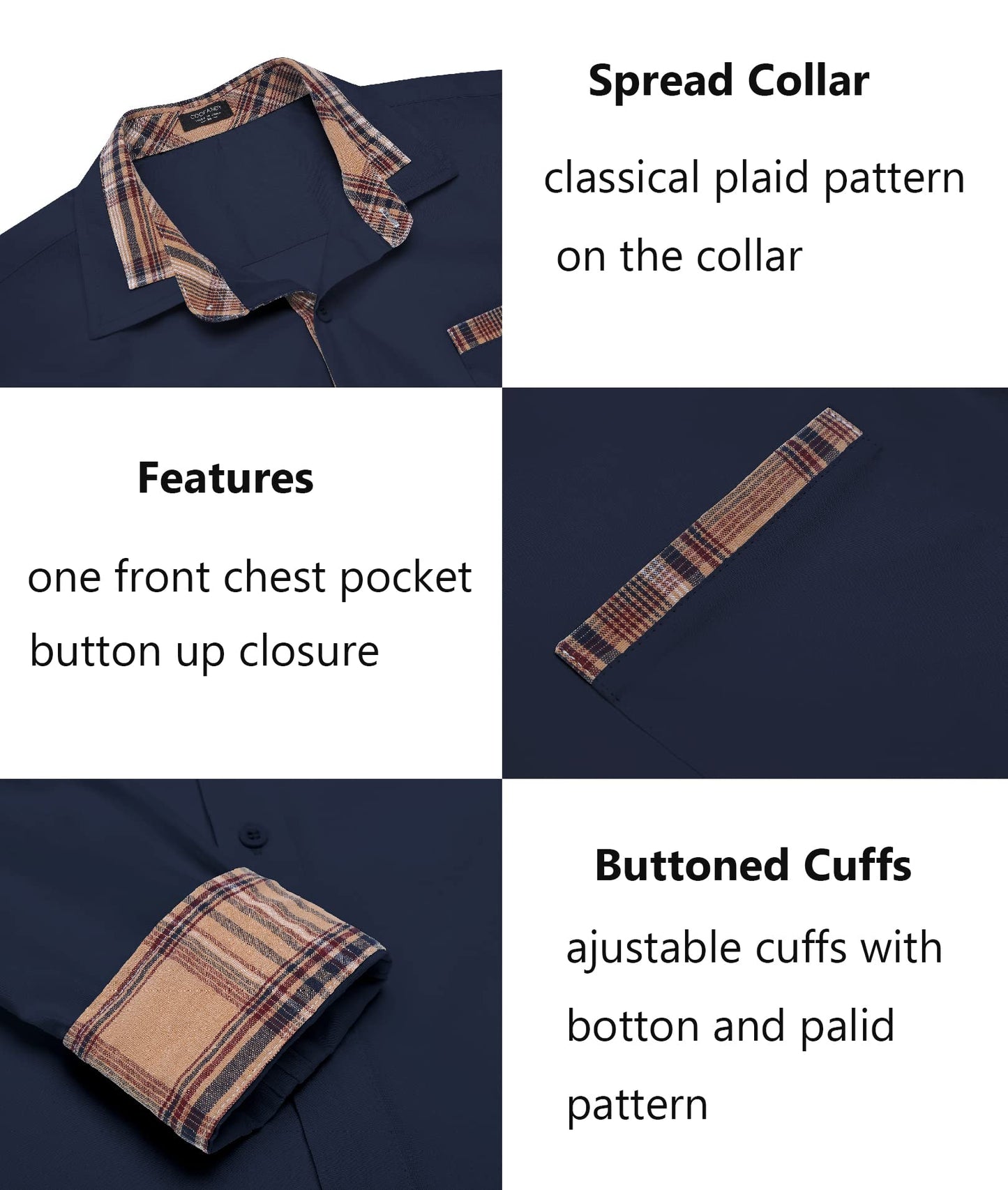 COOFANDY Men's Long Sleeve Dress Shirt Plaid Collar Casual Button Down Shirts