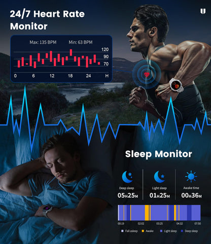 Smart Watch for Men for Android/iOS(3 Bands),1.43’’ AMOLED Display Sport Watch with 123 Sport Modes/FlashLight,5ATM Waterproof Fitness Tracker with Blood Pressure/Heart Rate/Sleep Monitor,Metal