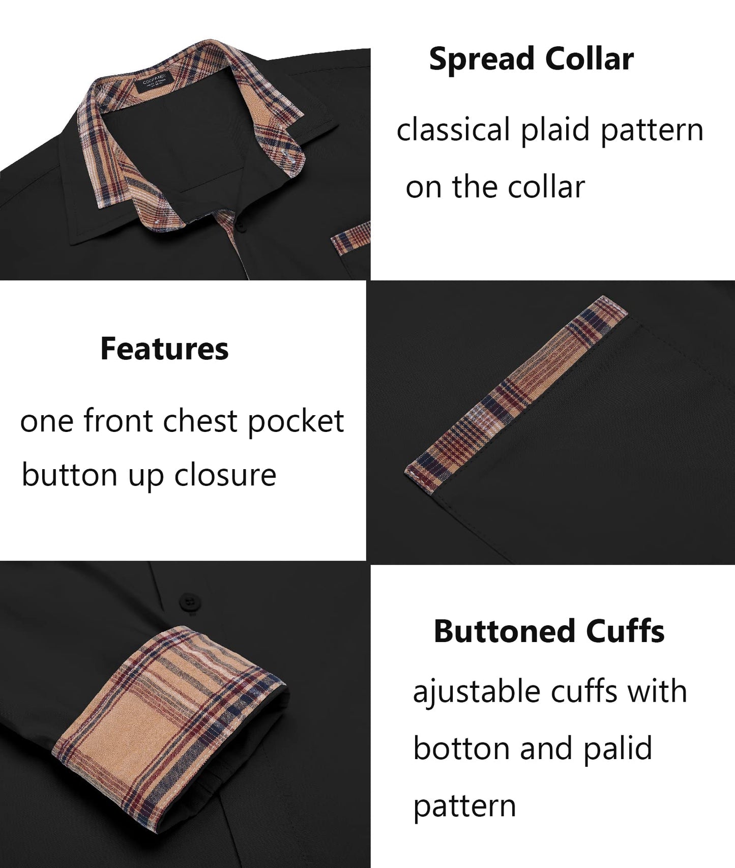 COOFANDY Men's Long Sleeve Dress Shirt Plaid Collar Casual Button Down Shirts