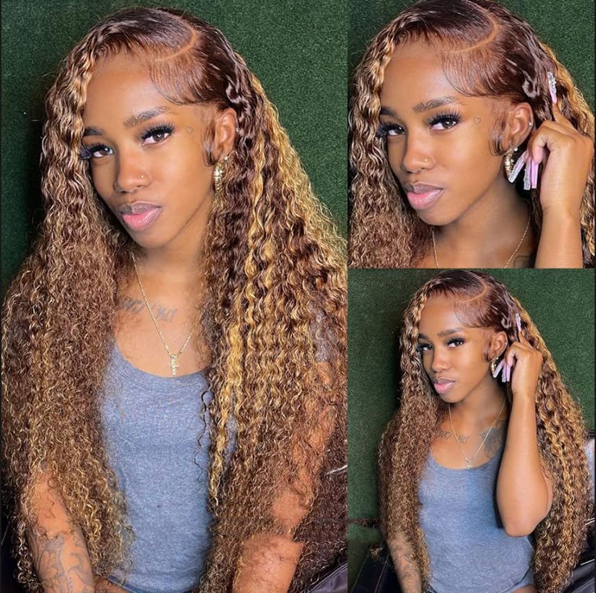 Chesma 28inch Highlight Ombre Lace Front Wig Human Hair 13x4 HD Honey Blonde 4/27 Deep Wave Lace Frontal Wigs Glueless Wigs Human Hair Pre Plucked with Baby Hair 180 Density