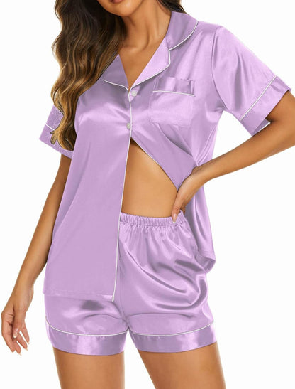 Ekouaer Silk Pajamas for Women Set Short Sleeve Sleepwear Soft Button Down Loungewear 2 Piece Satin Pjs Shorts Set S-XXL