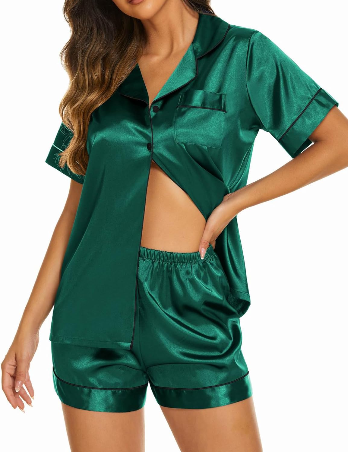 Ekouaer Silk Pajamas for Women Set Short Sleeve Sleepwear Soft Button Down Loungewear 2 Piece Satin Pjs Shorts Set S-XXL