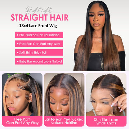 Highlight Ombre Lace Front Wig Human Hair Body Wave Lace Front Wigs Human Hair Pre Plucked 13x4 1B/30 Brown Highlight Wig 200 Density Colored 26 Inch Balayage Glueless Wigs for Women