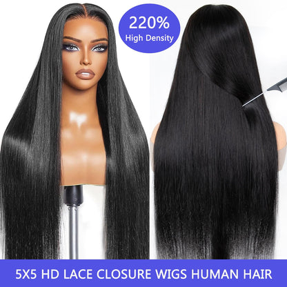 30 Inch 5x5 HD Lace Closure Wigs Human Hair 220 Density Wear and Go Glueless Wigs Human Hair Pre Plucked Pre Cut with Baby Hair Bleached Knots 12A Ready to Wear Straight Wigs for Beginners