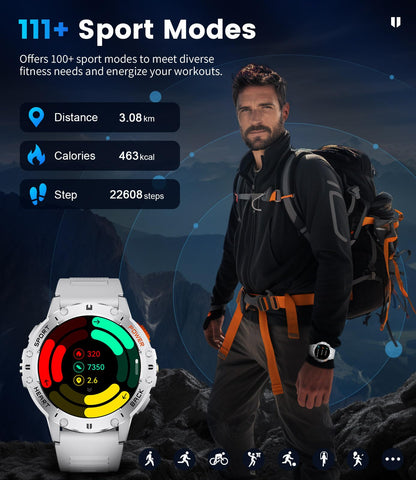 Smart Watch for Men for Android/iOS(3 Bands),1.43’’ AMOLED Display Sport Watch with 123 Sport Modes/FlashLight,5ATM Waterproof Fitness Tracker with Blood Pressure/Heart Rate/Sleep Monitor,Metal
