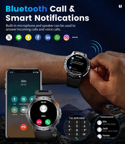 Smart Watch for Men for Android/iOS(3 Bands),1.43’’ AMOLED Display Sport Watch with 123 Sport Modes/FlashLight,5ATM Waterproof Fitness Tracker with Blood Pressure/Heart Rate/Sleep Monitor,Metal