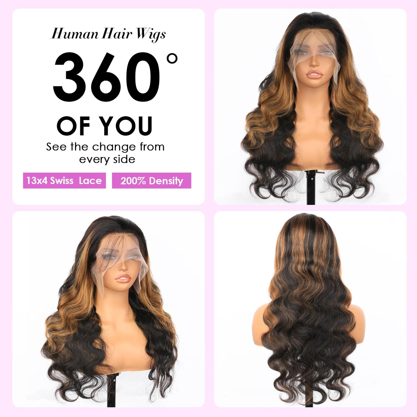 Highlight Ombre Lace Front Wig Human Hair Body Wave Lace Front Wigs Human Hair Pre Plucked 13x4 1B/30 Brown Highlight Wig 200 Density Colored 26 Inch Balayage Glueless Wigs for Women