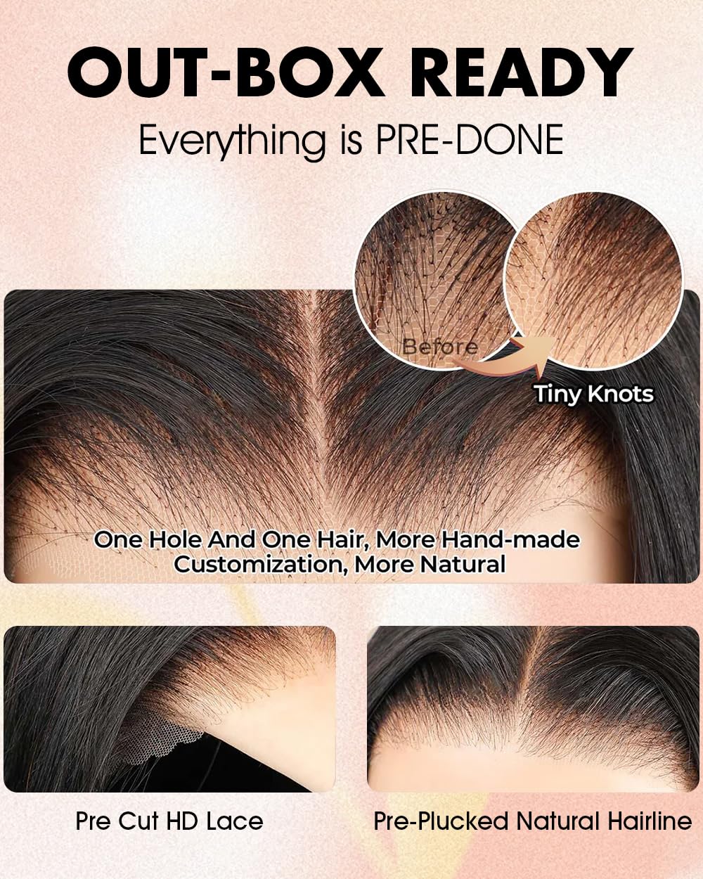 BGM GIRL 9x6 M Cap Glueless Kinky Straight Wig Human Hair Pre Bleached Knots Pre Cut HD Lace 180% Density Natural Black Wear Go Wig for Women Pre Plucked Invisible Lace 18 Inch