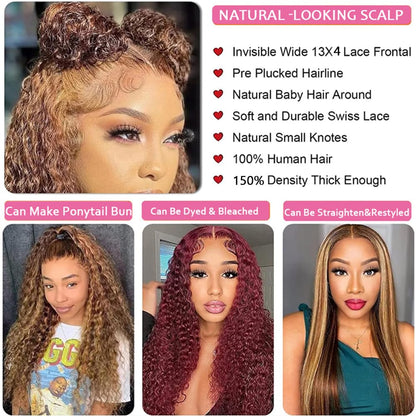 Chesma 28inch Highlight Ombre Lace Front Wig Human Hair 13x4 HD Honey Blonde 4/27 Deep Wave Lace Frontal Wigs Glueless Wigs Human Hair Pre Plucked with Baby Hair 180 Density
