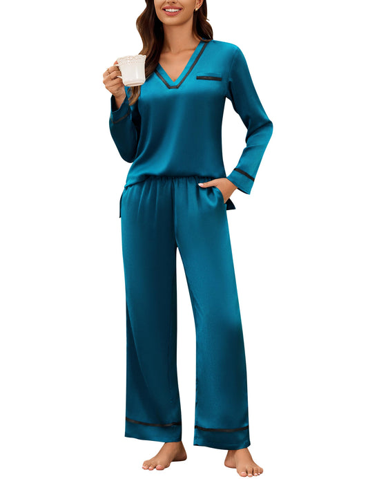 Blooming Jelly Womens Pajamas Set Satin 2 Piece Lounge Pj Cute Silk Long Sleeve Fall Sleepwear with Pockets