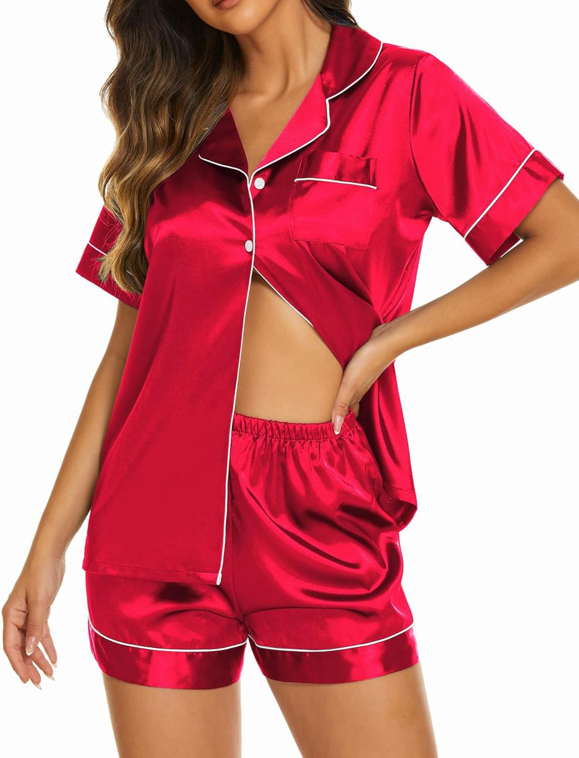 Ekouaer Silk Pajamas for Women Set Short Sleeve Sleepwear Soft Button Down Loungewear 2 Piece Satin Pjs Shorts Set S-XXL