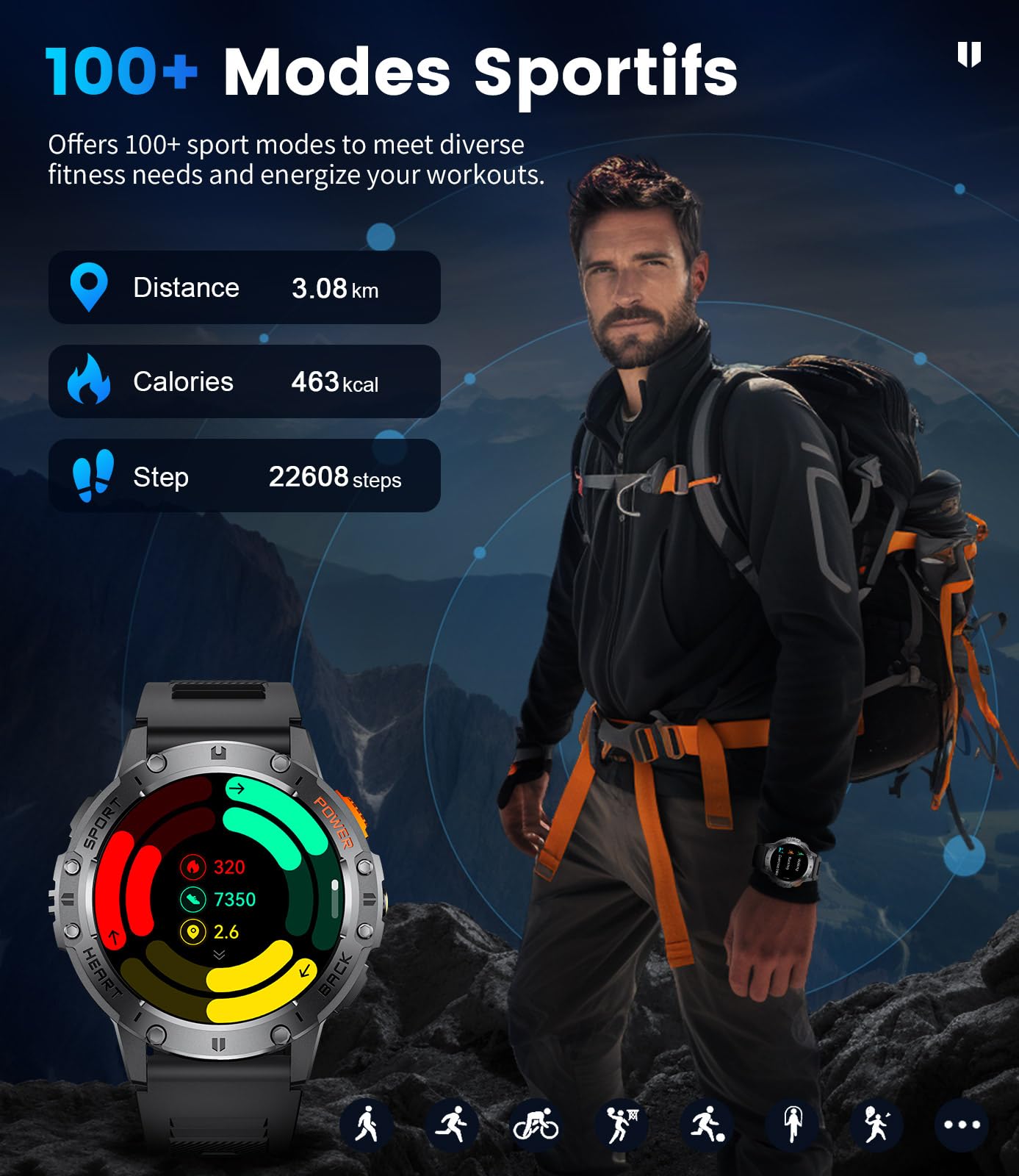 Smart Watch for Men for Android/iOS(3 Bands),1.43’’ AMOLED Display Sport Watch with 123 Sport Modes/FlashLight,5ATM Waterproof Fitness Tracker with Blood Pressure/Heart Rate/Sleep Monitor,Metal