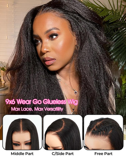 BGM GIRL 9x6 M Cap Glueless Kinky Straight Wig Human Hair Pre Bleached Knots Pre Cut HD Lace 180% Density Natural Black Wear Go Wig for Women Pre Plucked Invisible Lace 18 Inch