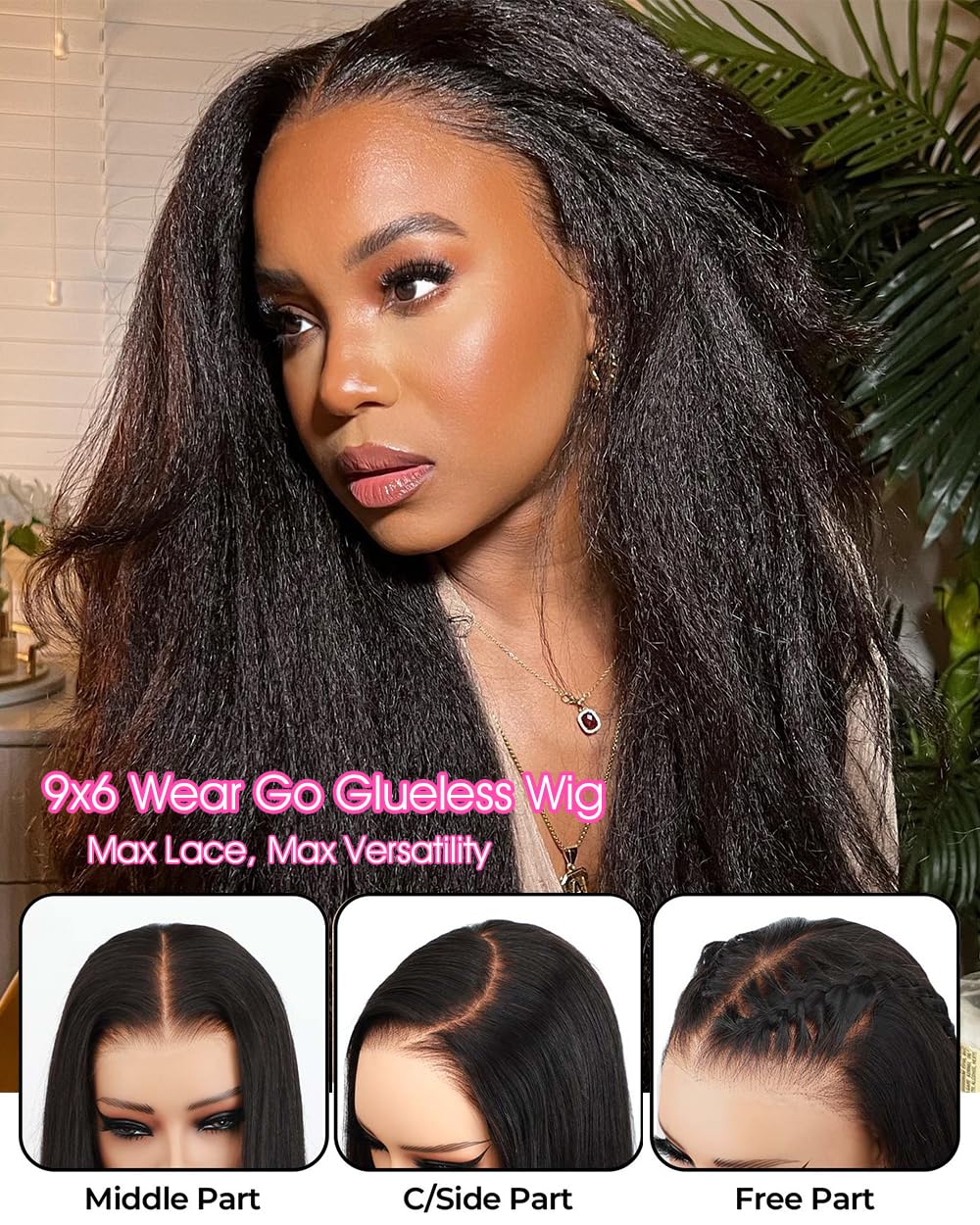 BGM GIRL 9x6 M Cap Glueless Kinky Straight Wig Human Hair Pre Bleached Knots Pre Cut HD Lace 180% Density Natural Black Wear Go Wig for Women Pre Plucked Invisible Lace 18 Inch