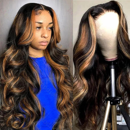 Highlight Ombre Lace Front Wig Human Hair Body Wave Lace Front Wigs Human Hair Pre Plucked 13x4 1B/30 Brown Highlight Wig 200 Density Colored 26 Inch Balayage Glueless Wigs for Women