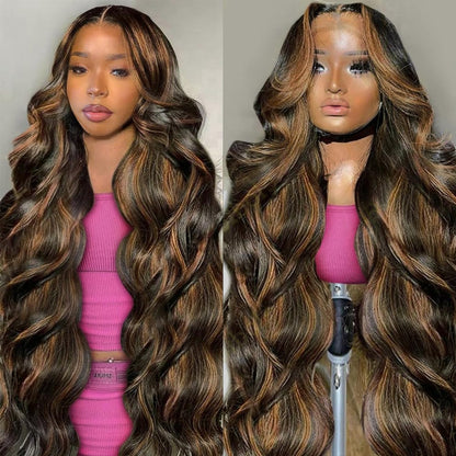 Highlight Ombre Lace Front Wig Human Hair Body Wave Lace Front Wigs Human Hair Pre Plucked 13x4 1B/30 Brown Highlight Wig 200 Density Colored 26 Inch Balayage Glueless Wigs for Women