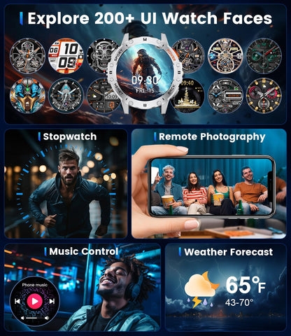 Smart Watch for Men for Android/iOS(3 Bands),1.43’’ AMOLED Display Sport Watch with 123 Sport Modes/FlashLight,5ATM Waterproof Fitness Tracker with Blood Pressure/Heart Rate/Sleep Monitor,Metal