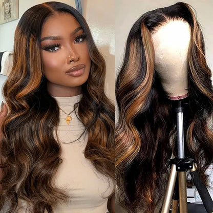 Highlight Ombre Lace Front Wig Human Hair Body Wave Lace Front Wigs Human Hair Pre Plucked 13x4 1B/30 Brown Highlight Wig 200 Density Colored 26 Inch Balayage Glueless Wigs for Women