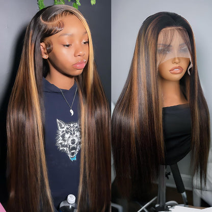 Highlight Ombre Lace Front Wig Human Hair Body Wave Lace Front Wigs Human Hair Pre Plucked 13x4 1B/30 Brown Highlight Wig 200 Density Colored 26 Inch Balayage Glueless Wigs for Women