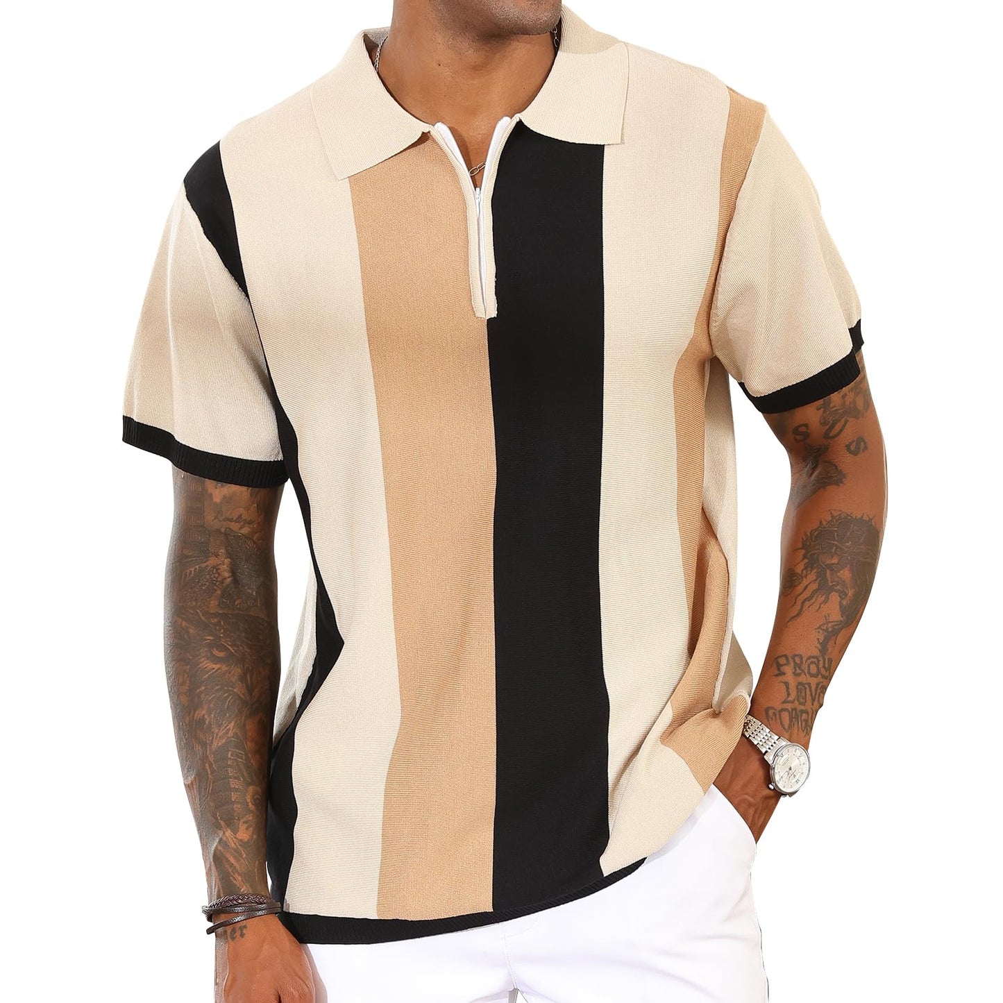 Men's Fashion Polo Shirts Vintage Striped Knitting Shirts Casual Slim Fit Golf Shirts