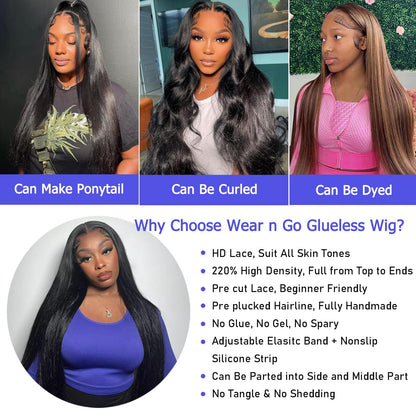 30 Inch 5x5 HD Lace Closure Wigs Human Hair 220 Density Wear and Go Glueless Wigs Human Hair Pre Plucked Pre Cut with Baby Hair Bleached Knots 12A Ready to Wear Straight Wigs for Beginners