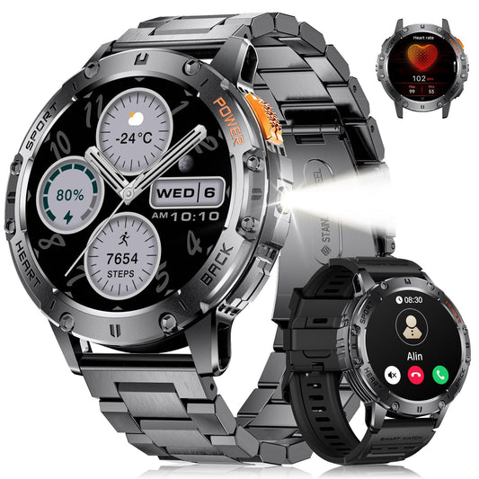 Smart Watch for Men for Android/iOS(3 Bands),1.43’’ AMOLED Display Sport Watch with 123 Sport Modes/FlashLight,5ATM Waterproof Fitness Tracker with Blood Pressure/Heart Rate/Sleep Monitor,Metal