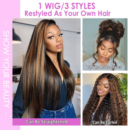 Highlight Ombre Lace Front Wig Human Hair Body Wave Lace Front Wigs Human Hair Pre Plucked 13x4 1B/30 Brown Highlight Wig 200 Density Colored 26 Inch Balayage Glueless Wigs for Women