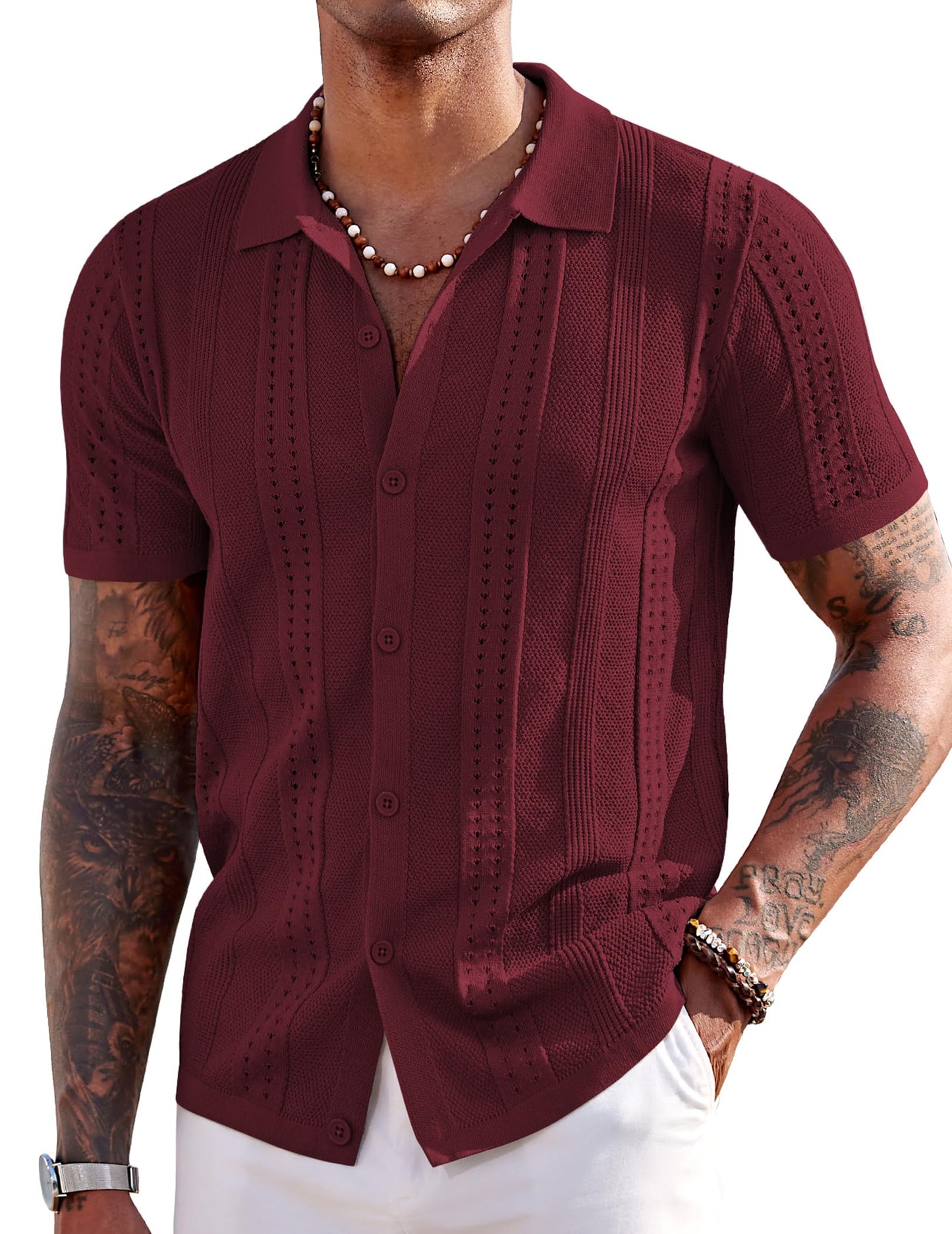 COOFANDY Men's Knit Shirts Short Sleeve Button Down Polo Shirt Fashion Casual Summer Beach Shirts
