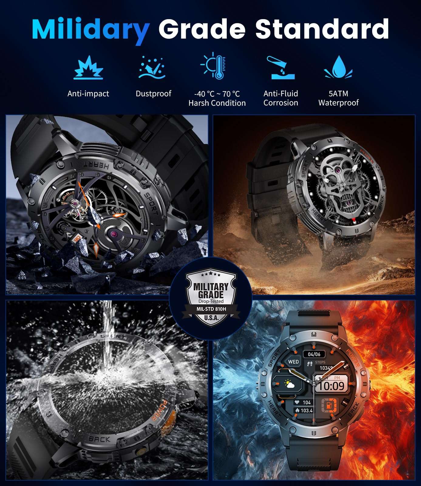 Smart Watch for Men for Android/iOS(3 Bands),1.43’’ AMOLED Display Sport Watch with 123 Sport Modes/FlashLight,5ATM Waterproof Fitness Tracker with Blood Pressure/Heart Rate/Sleep Monitor,Metal