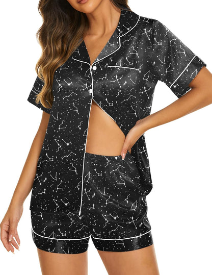 Ekouaer Silk Pajamas for Women Set Short Sleeve Sleepwear Soft Button Down Loungewear 2 Piece Satin Pjs Shorts Set S-XXL