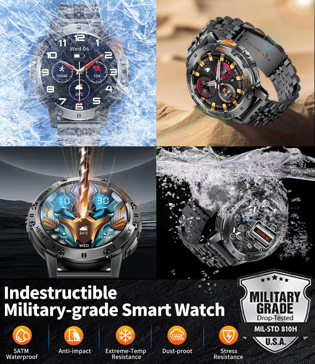 Smart Watch for Men for Android/iOS(3 Bands),1.43’’ AMOLED Display Sport Watch with 123 Sport Modes/FlashLight,5ATM Waterproof Fitness Tracker with Blood Pressure/Heart Rate/Sleep Monitor,Metal