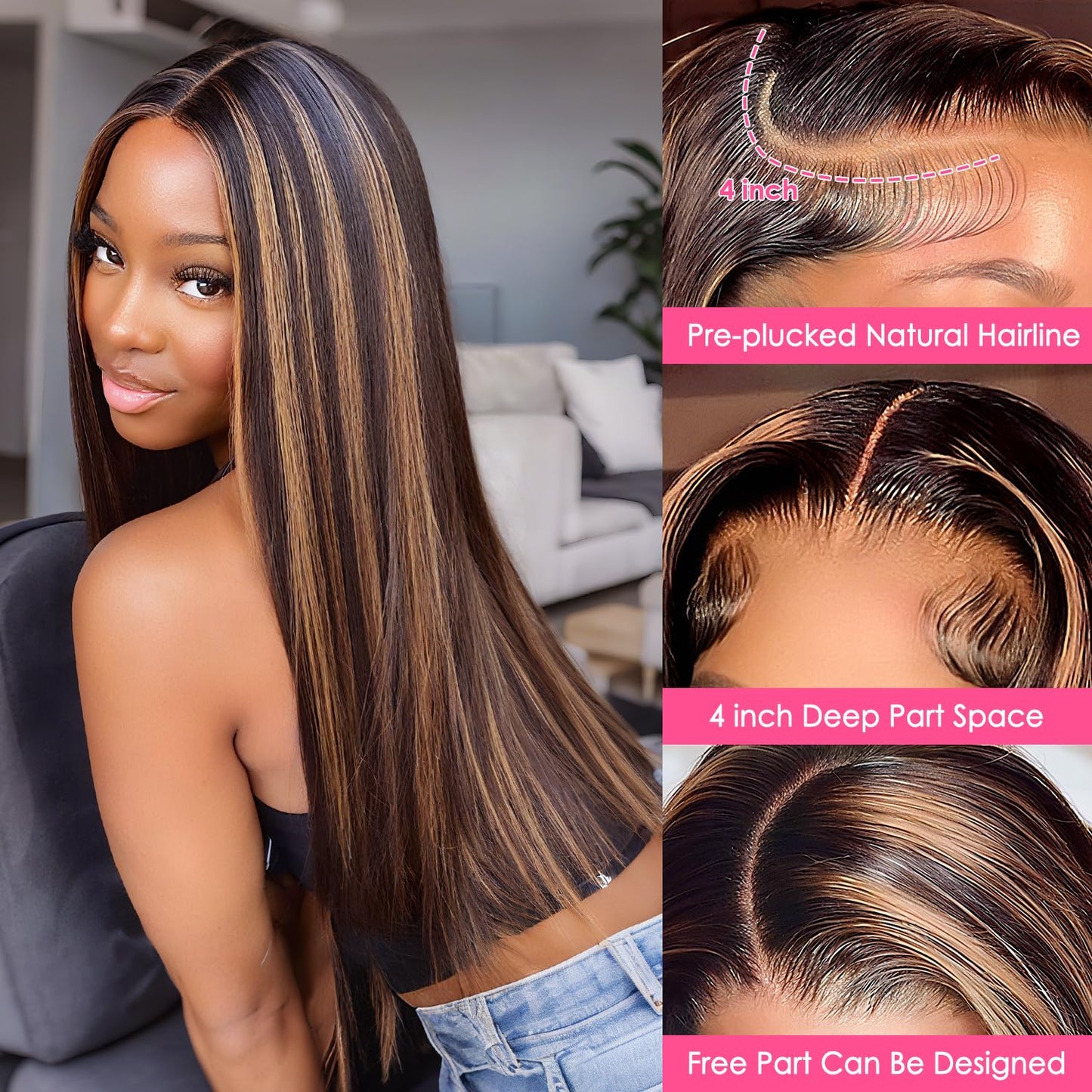 Highlight Ombre Lace Front Wig Human Hair Body Wave Lace Front Wigs Human Hair Pre Plucked 13x4 1B/30 Brown Highlight Wig 200 Density Colored 26 Inch Balayage Glueless Wigs for Women