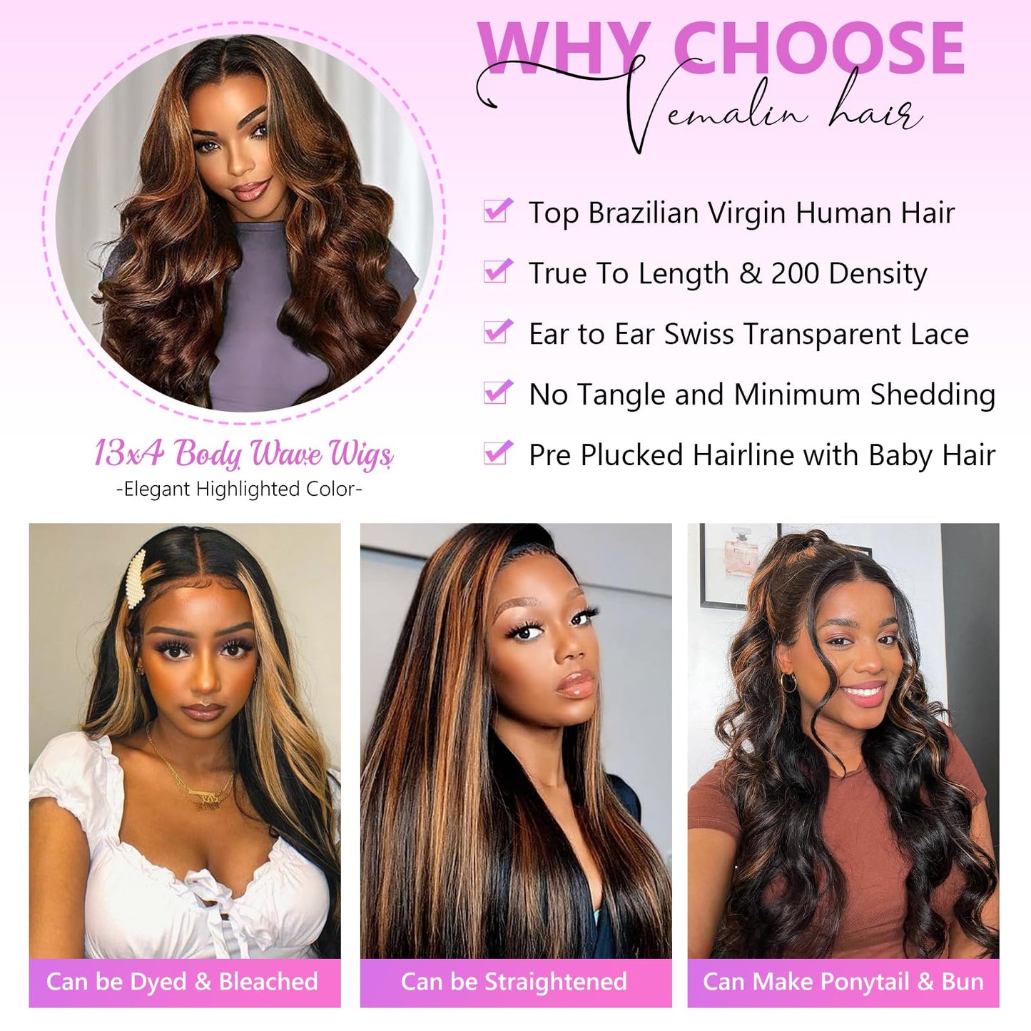 Highlight Ombre Lace Front Wig Human Hair Body Wave Lace Front Wigs Human Hair Pre Plucked 13x4 1B/30 Brown Highlight Wig 200 Density Colored 26 Inch Balayage Glueless Wigs for Women